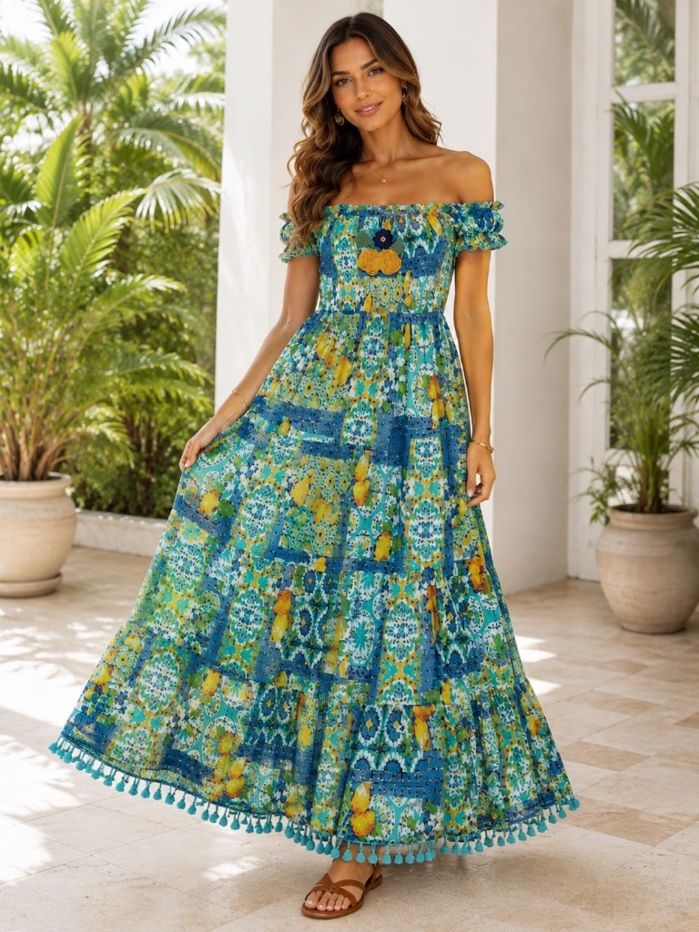 Colori di Mare 100% Cotton Mediterranean Maxi Dress FS Coastal Resortwear Beach